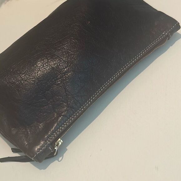 Roberto Cavalli Zip Top Pouch Bag Brown Leather Small Minimalist - Picture 11 of 14